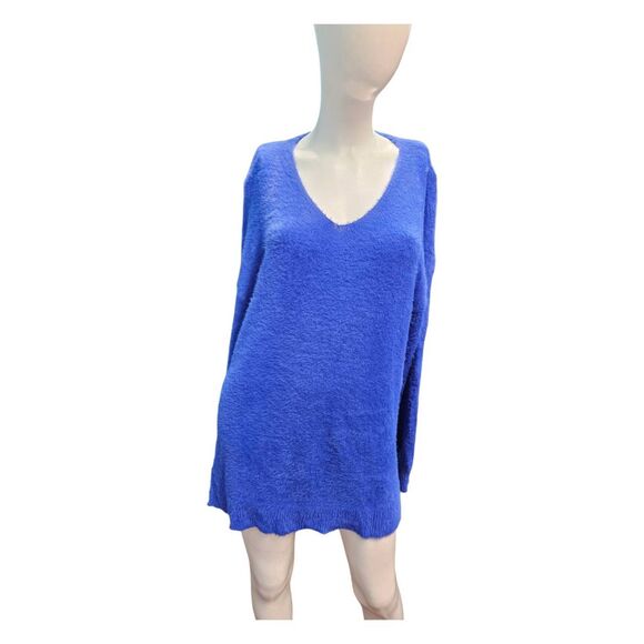 Qixing Blue Fuzzy V Neck Sweater Size Large - Picture 1 of 7